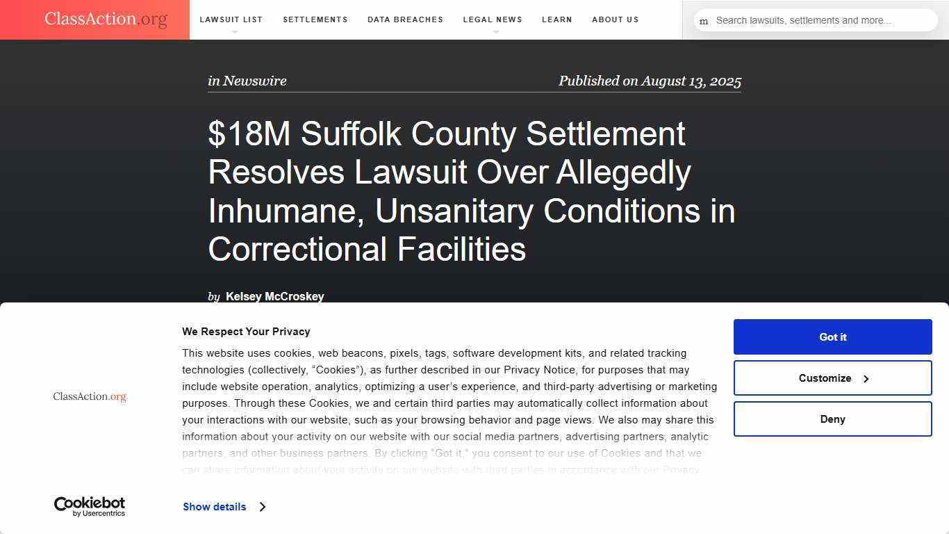 $18M Suffolk County Settlement Resolves Lawsuit Over Allegedly Inhumane, Unsanitary Conditions in Correctional Facilities